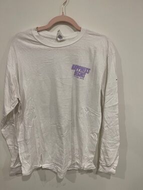 White Long-Sleeve Tee with Purple 'Happiness Begins' Print